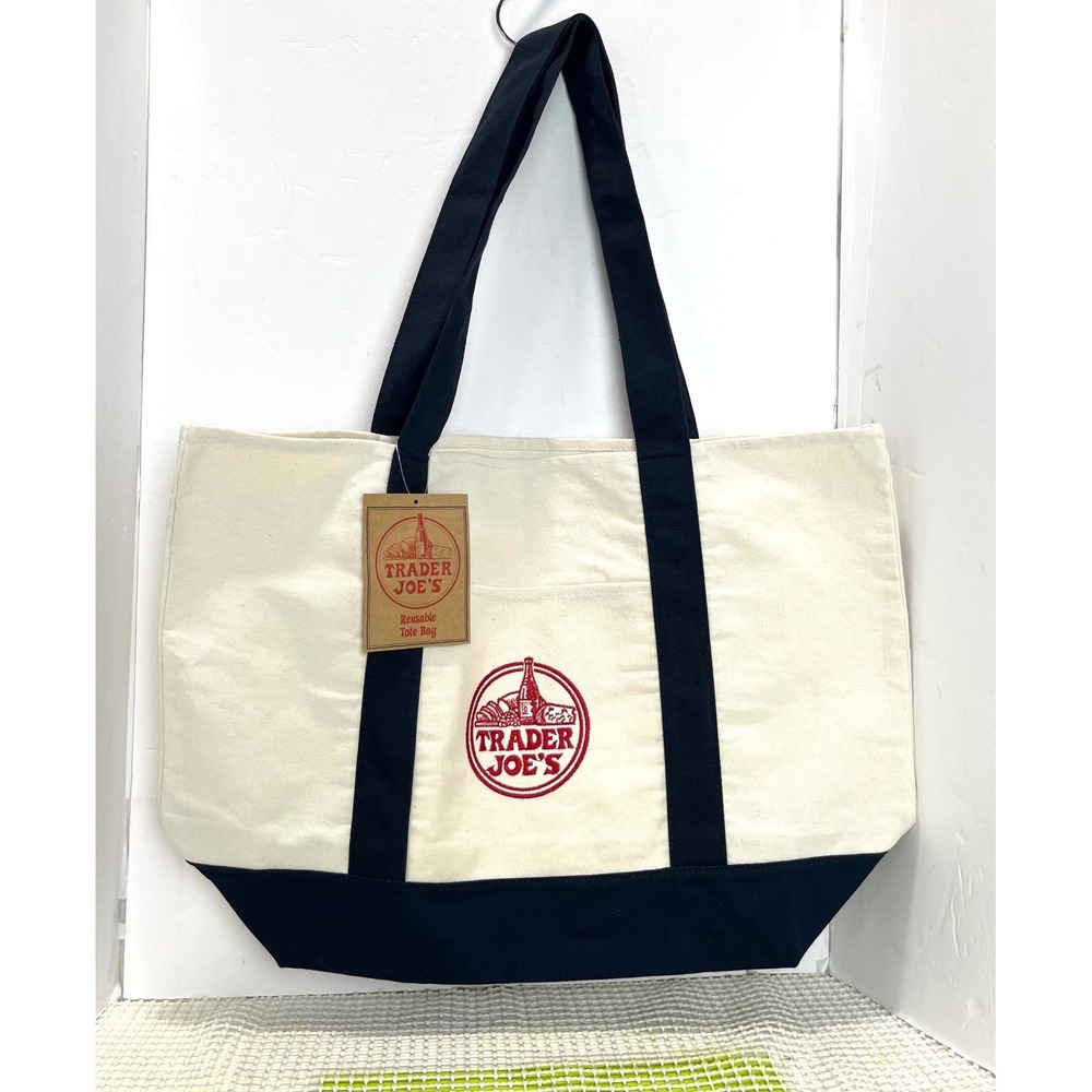 Trader Joe's Reusable Canvas Tote Bag Navy Blue Cream Red Logo NEW Large